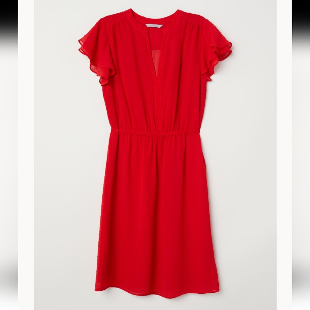 NWT H&M red fit and flare dress with tie at waist. Size 6